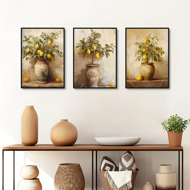 Retro Lemon Garden Canvas Poster Fresh Lemon Olive Tree Wall Art Prints for Modern Living Room Office & Summer Home Decor Gifts