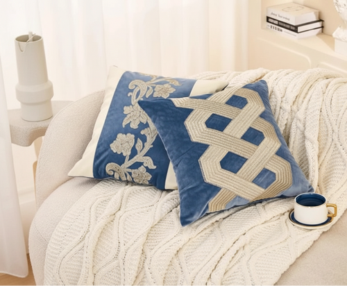 Blue velvet European style throw pillow cover from The Finishing Touch Decor, featuring plush fabric and elegant design.