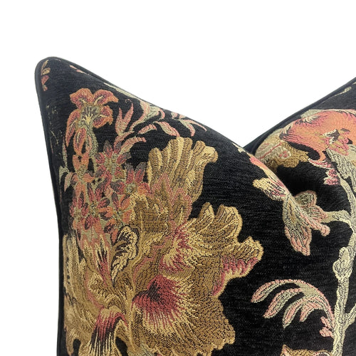 Black floral vintage style throw pillow cover from The Finishing Touch Decor, featuring elegant floral patterns on fabric.