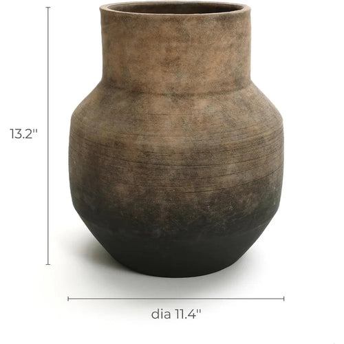 13" Brown Terracotta Vase - Round Rustic Pottery for Living Room, Entryway & Farmhouse Decor