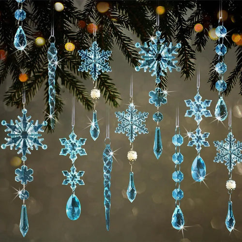 Clear & Blue Hanging Ice Sickle Snowflake Ornaments