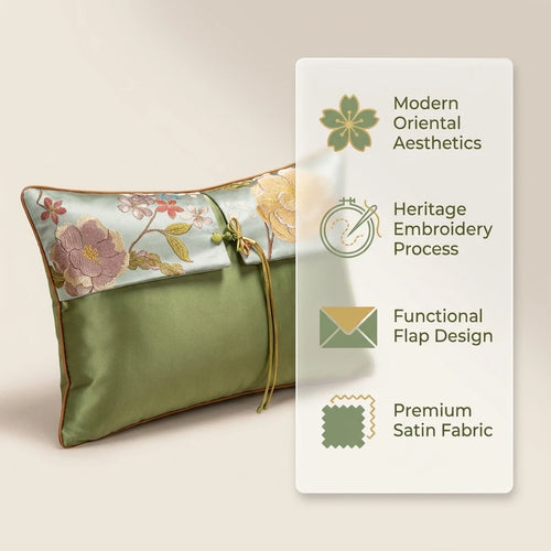 Floral Oriental embroidered satin throw pillow cover with intricate floral designs and elegant satin fabric, perfect for home decor.