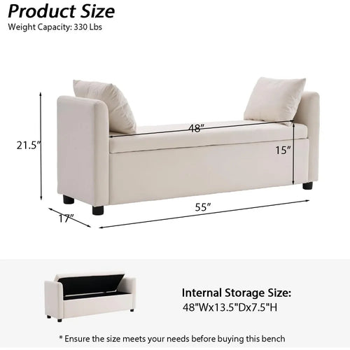 Storage Bench for Bedroom, 55" End of Bed Bench for King Size Bed, Modern Upholstered Long Ottoman Bench with Arms and 2 Pillows