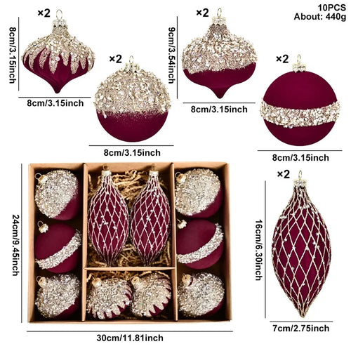 Set of 10 velvet holiday ornaments in red, green, and blue with sparkle accents, perfect for festive decorating.