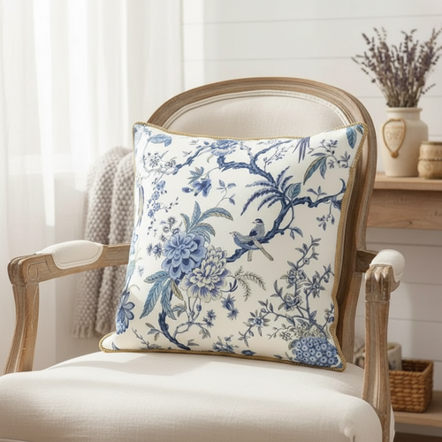 Soft white and blue sparrow pattern throw pillow cover by The Finishing Touch Decor, featuring a cozy decorative pillow design.