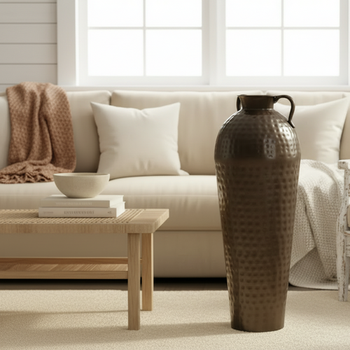 Tall Hammered Metal Floor Urn Vase 28"