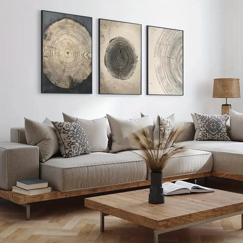 Set of three Nordic tree ring canvas wall art prints by The Finishing Touch Decor, featuring natural wood-inspired designs.