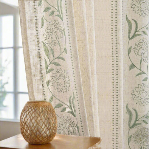 Linen Curtains for Bedroom Floral Curtains 63 Inch Length Linen Blend Beige Embroidered Drapes Farmhouse