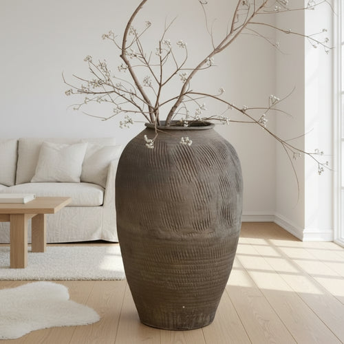 Large rustic terracotta floor vase, decorative Zen-inspired vase by The Finishing Touch Decor, showcasing natural earthy tones and textured surface.