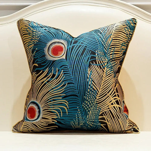 Jewel-toned Satin Peacock Feather Embroidered Throw Pillow Cover - The Finishing Touch Decor