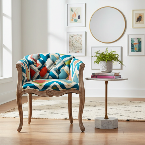Solid wood antique American country accent chair with carved details, small furniture piece in natural wood finish.