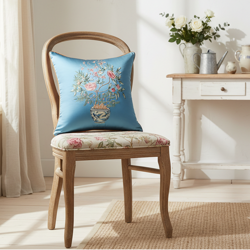 Embroidered floral Chinese vase pattern on decorative throw pillow cover from The Finishing Touch Decor.