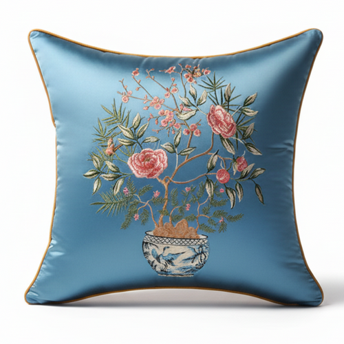 Embroidered floral Chinese vase design on decorative throw pillow cover, soft fabric, intricate embroidery for home decor accents.