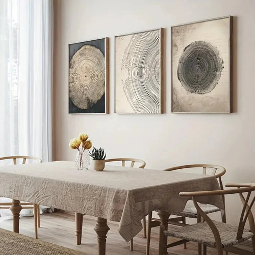Set of three Nordic-inspired tree ring canvas wall art prints by The Finishing Touch Decor, featuring natural wood grain and minimalist design.