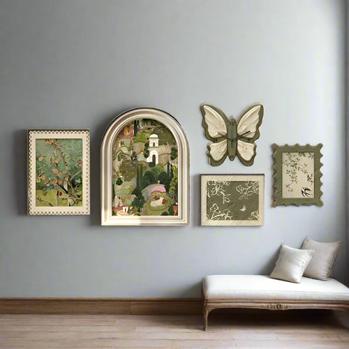Framed 5 Pcs Set French Style Wall Art Prints, Murals and Clock - The Finishing Touch Decor