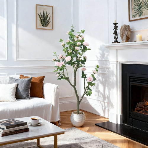 Tall Artificial Pink Rose Blossom Tree with Pot