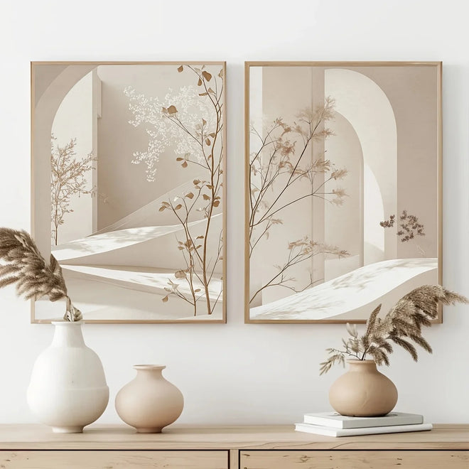Minimalist Beige Architectural Picture Canvas Print Wall Art Duo