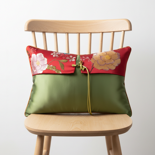 Floral Oriental embroidered satin throw pillow cover with intricate floral patterns, from The Finishing Touch Decor.