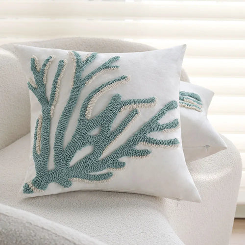 Coastal Aqua Coral & Shell Tufted Throw Pillow Covers