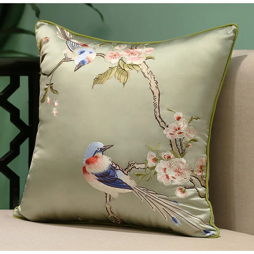 Cherry Blossom & Bird Embroidered Satin Throw Pillow Cushion Covers - The Finishing Touch Decor