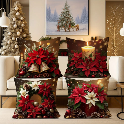 Red Poinsettia Throw Pillow Cover Set of 4