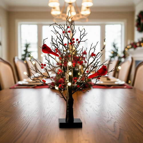 Mini Artificial Birch Tree with Red Berries & Birds