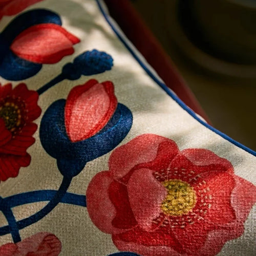 Red floral cushion cover with retro garden flower design, decorative European style pillow case for sofa or chair decor.