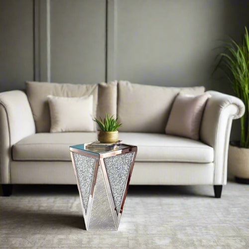 Mirrored End Table Crystal Diamond Setting Coffee Table Silver Glass Side Table Pedestal Stand For Hallway, Living Room,