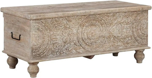 Fossile Ridge Boho Carved Wood Storage Bench with Hinge Top,
