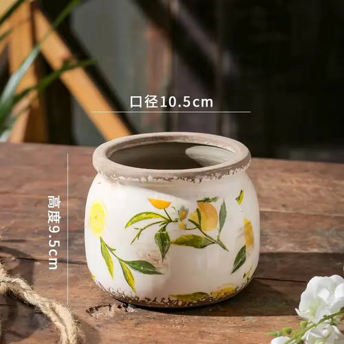 Retro Lemon Printing Underglaze Color Flower Pot