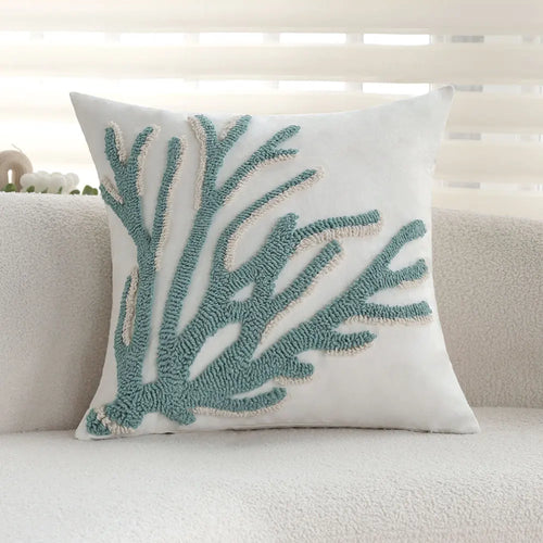 Coastal Aqua Coral & Shell Tufted Throw Pillow Covers