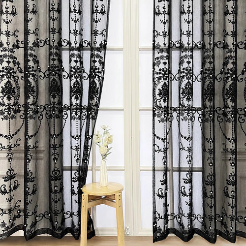 Lace Pearl French Embroidery Black Sheer Window Curtains - The Finishing Touch Decor