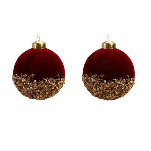Red velvet and glitter Christmas ball ornaments for holiday decor, featuring festive red and sparkling accents by The Finishing Touch Decor.