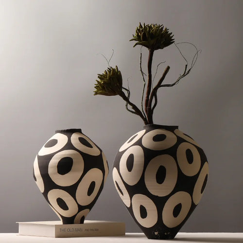 Hand-drawn geometric circles ceramic vase by The Finishing Touch Decor, ideal for flower arrangements and home decor.