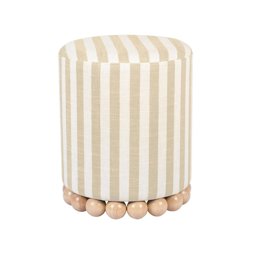 Coastal blue and beige striped linen ottoman stool, small furniture piece with a cushioned top and wooden legs.
