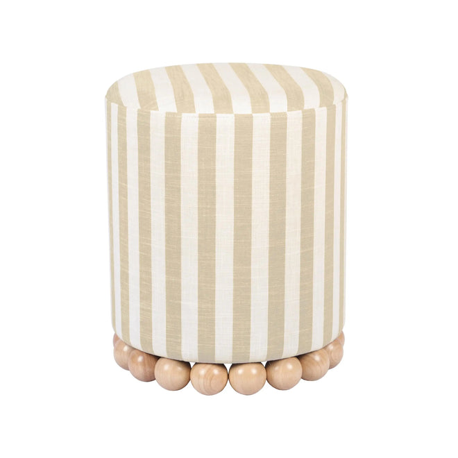 Coastal blue and beige striped linen ottoman stool, small furniture piece with a cushioned top and wooden legs.
