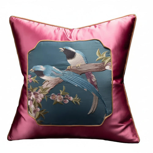 Elegant luxury satin chinoiserie throw pillow cover with intricate Asian-inspired design, suitable for sophisticated home decor.