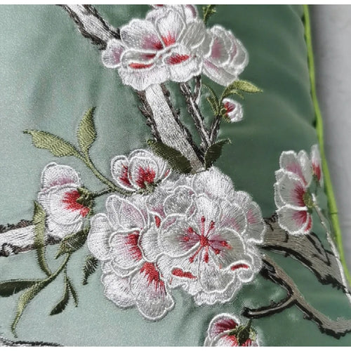 Cherry Blossom & Bird Embroidered Satin Throw Pillow Cushion Covers - The Finishing Touch Decor