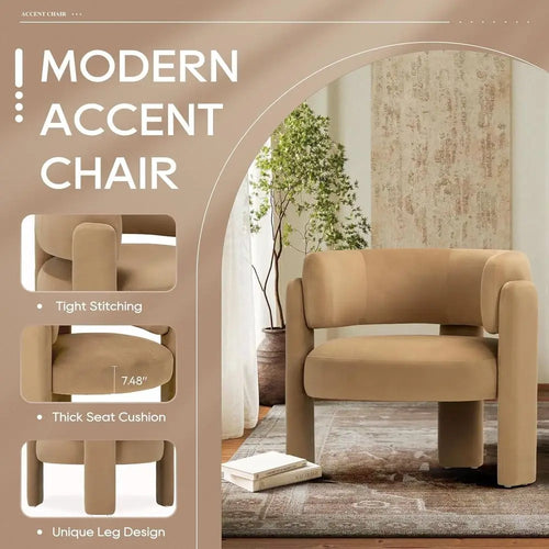 Set of two tan modern velvet barrel armchairs, stylish small furniture by The Finishing Touch Decor with plush upholstery