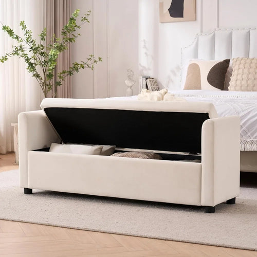 Storage Bench for Bedroom, 55" End of Bed Bench for King Size Bed, Modern Upholstered Long Ottoman Bench with Arms and 2 Pillows