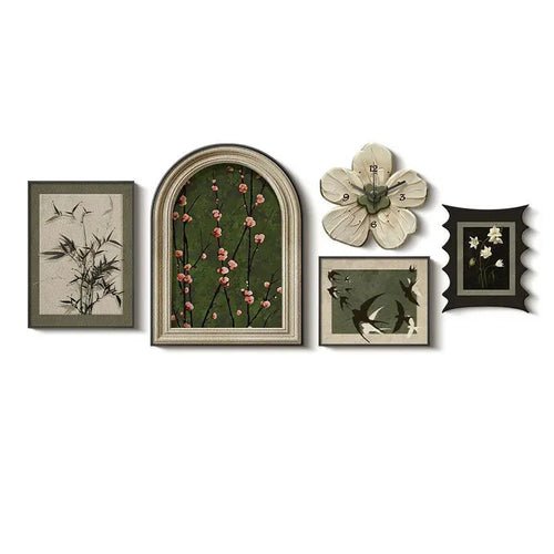 Framed 5 Pcs Set French Style Wall Art Prints, Murals and Clock - The Finishing Touch Decor