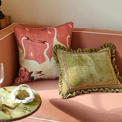 Chenille Crane Print Cottage Throw Pillows