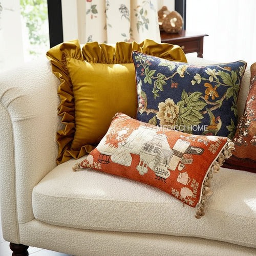 Spanish Retro Burgundy Orange Print Throw Pillow Covers