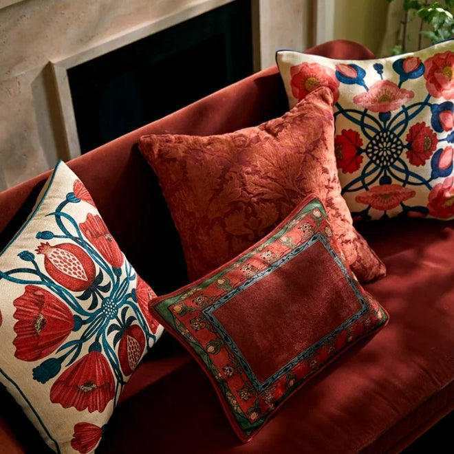 Red floral decorative pillow cover featuring European style garden flower design for sofa and chair home decor.