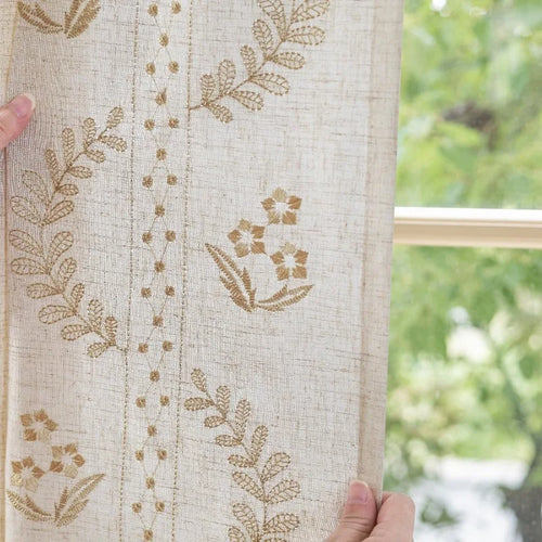 Linen Curtains for Bedroom Floral Curtains 63 Inch Length Linen Blend Beige Embroidered Drapes Farmhouse