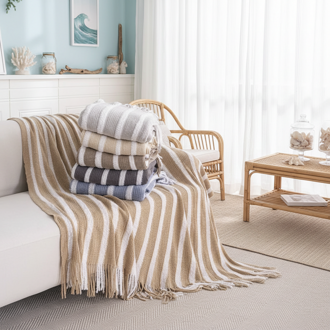 Striped Knit Coastal Lightweight Throw Blanket