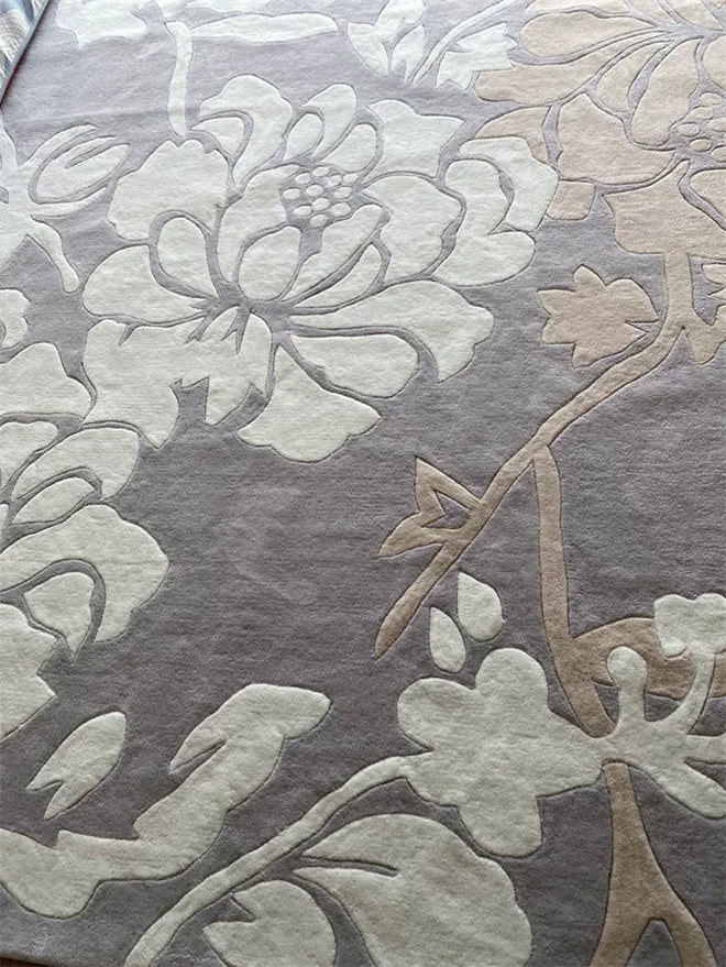 Grey Floral Pattern Thick Domestic Wool Area Rug