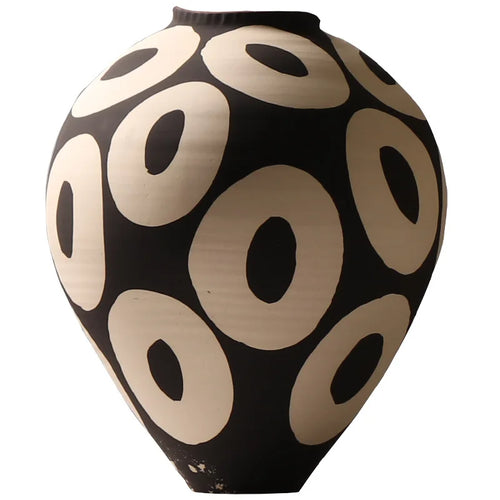 Hand-drawn geometric circle ceramic vase by The Finishing Touch Decor, ideal for flower arrangements and home decor.