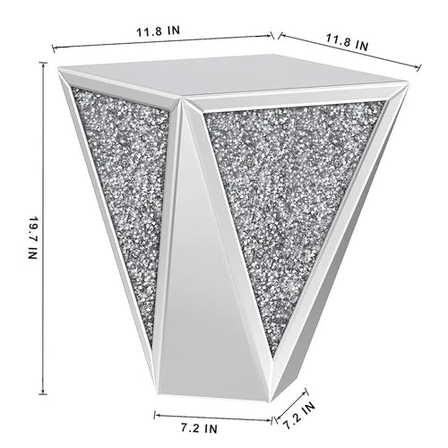 Mirrored End Table Crystal Diamond Setting Coffee Table Silver Glass Side Table Pedestal Stand For Hallway, Living Room,