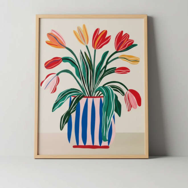Colorful tulip vase wall art print featuring vibrant floral design by The Finishing Touch Decor, suitable for home decor.